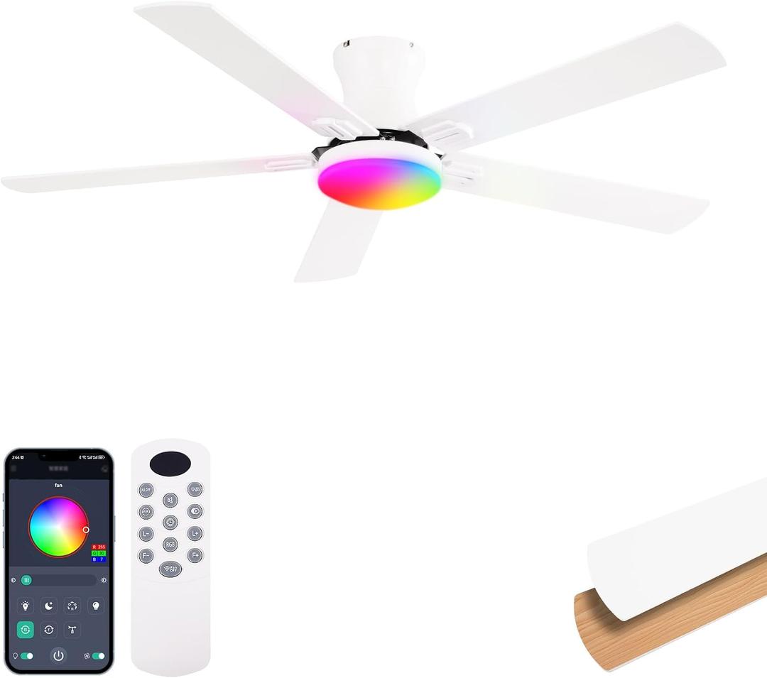 Ceiling Fans with Lights 52 inch,Flush Mount Low Profile,Smart Remote & App,RGB LED,Dimmable 3CCT,6-Speed Reversible,Sleek Ceiling Fan for Bedroom Living Room Apartment Nursery,White