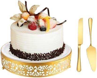 MTJYQTF Gold Cake Stand Set - Metal Round Cupcake Dessert Stand with Cake Cutting & Cake Spatula for Party, Candy Table Display for Wedding Birthday Baby Shower（12x12x2.4 IN） CS003-pan