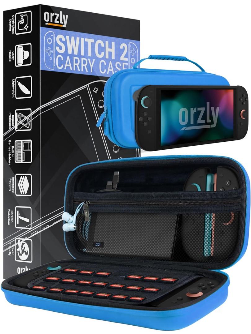 Orzly Case Compatible with Nintendo Switch 2  Protective Travel Carry Case with Screen Padding, Game Card & microSD Slots, Zipped & Open Pockets for Accessories  7.9" Gift Boxed (Blue)