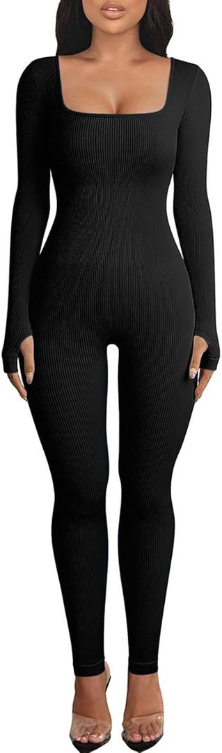 OEAK Womens Ribbed Jumpsuit with Tummy Control Long Sleeve Unitard Casual Yoga Rompers High Waisted One Piece Workout Bodycon (Small, Black)