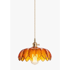 Vintage Crystal Glass Pendant Light, Flower Light Shade, Brass E27 Socket, Height Adjustable Ceiling Hanging Light Fixture for Kitchen Island and Dining Room (Amber) [Energy Class E]