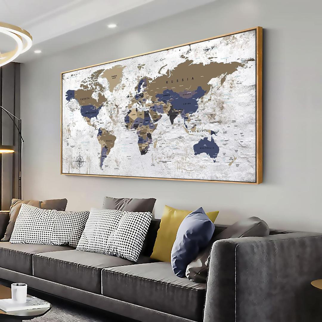 Framed Wall Art World Map Wall Art Canvas Picture24inx48in Large Grey Map of The World Canvas Painting Artwork Prints for Office Wall Decor Home Living Room Decorations Framed Ready to Hang, 60"L x 30"W