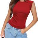 MIYIEONZ Women's Ribbed Tank Tops Trendy Casual Crew Neck Summer Club Cap Sleeve Slim Fitted Knit Basic Tee Shirts Blouse (Red, XL)