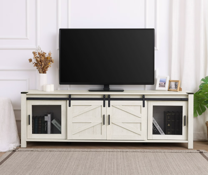 Farmhouse Modern Wood Entertainment Center for 75 Inch TV, Media TV Console with Sliding Barn Door and Storage Shelf for Living Room Bedroom, White