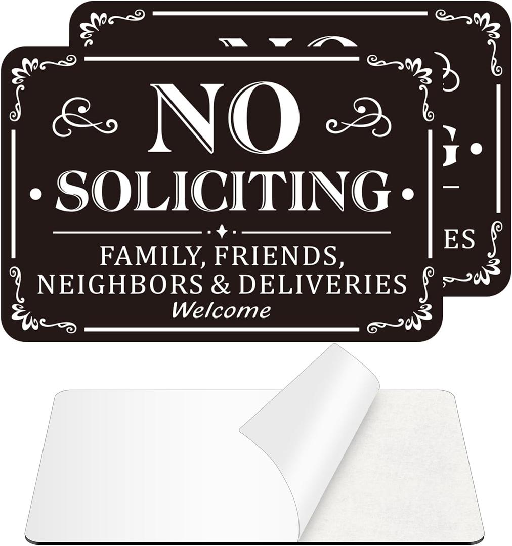 No Soliciting Sign for Front Door, (2 Pack) Self-adhesive No Soliciting Sign for House, 9 x 6 inches Aluminum Metal Signs for Yard (Black/White, Medium (6 x 4 inches))