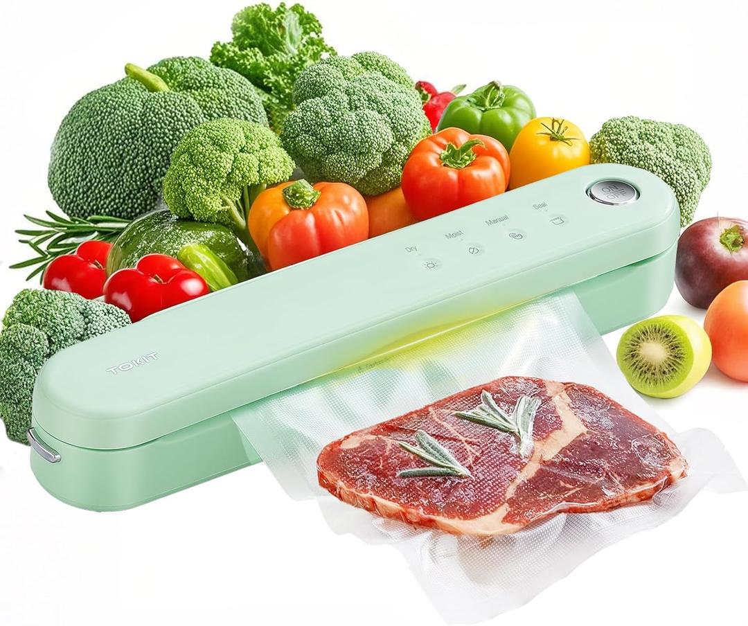 TOKIT Food Saver Vacuum Sealer Machine, 5-in-1 One-Touch Automatic with Dry, Moist, Manual Modes and External Vacuum System, Compact Small Design with 5 Vacuum Bags for Kitchen, Picnic, Travel, Green