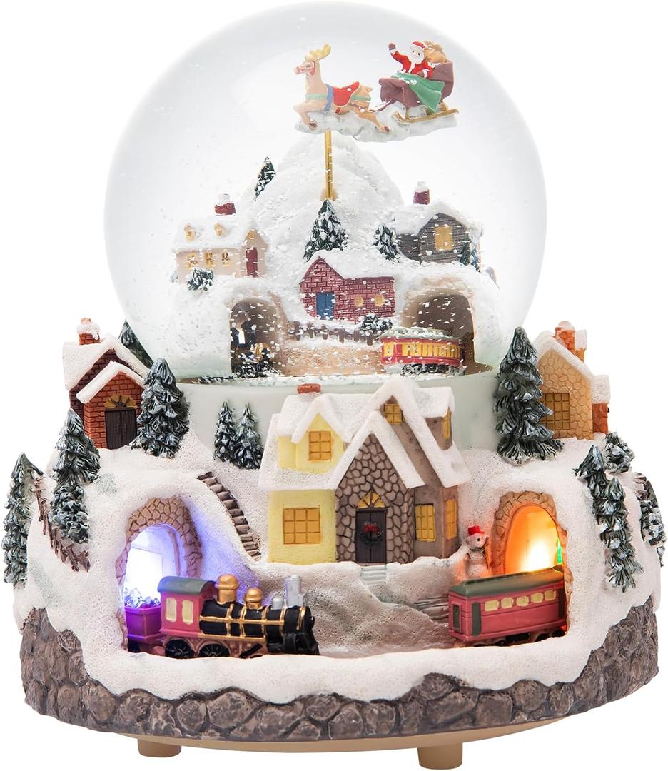 Triple Revolving Illuminated Train Musical Village Winter Scene Flying Santa Snow Globe (Winter Wonderland)
