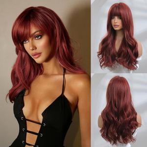 Honygebia Dark Red Wig with Bangs - Burgundy Wigs for Women, Wine Red Long Straight Layered Realistic Hair, Natural Synthetic Heat Resistant Wigs for Halloween/Christmas/Cosplay/Party
