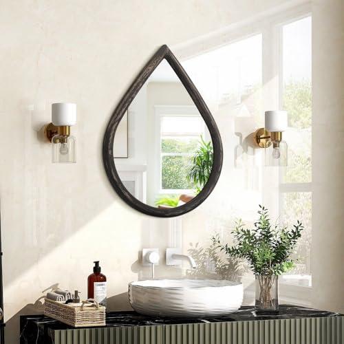 FEUFOAM Farmhouse Wall Mirror for Living Room Wood Frame Hanging Mirrors Drop-Shaped Vanity Mirror for Bathroom Bedroom Hallway Home Decor, Rustic Black, 16‘’ x 12''