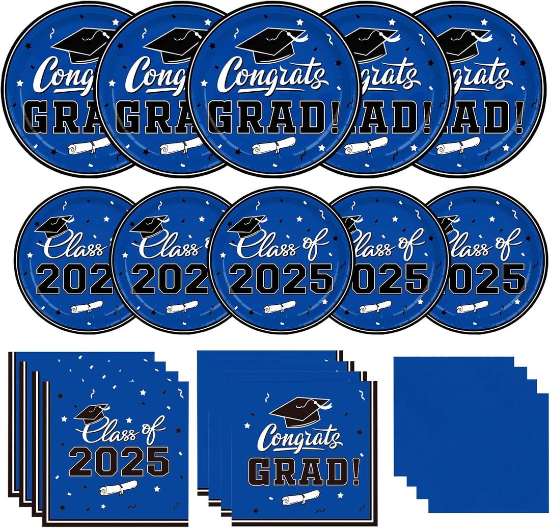 Graduation Party Plates and Napkins Gatherfun Graduation decorations 2025 Blue Disposable Paper Plates Luncheon Napkins Cocktail Napkins for Congrats Grad Party Decorations, Serve 50