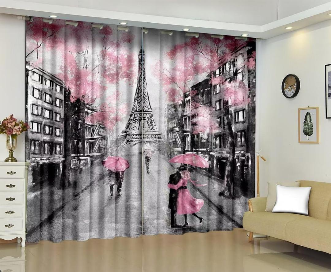 kxry Pink Paris Eiffel Tower Blackout Curtains for Bedroom Living Room French Style Darkening Grommet Curtain 84 Inches Long Window Drapes Treatment Room Decor,2 Panels Set, 42''W x 84''L