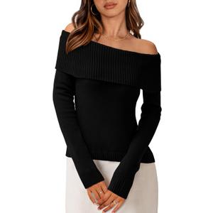 PRETTYGARDEN Off The Shoulder Sweater for Women 2026 Fall Fashion Cute Long Sleeve Tops Winter Ribbed Pullover Knit Outfits (Medium, Black)