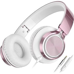 AILIHEN C8 Wired Headphones with Mic & Volume Control  Noise Isolating OnEar Headphones for Girls School, Plug in Corded 3.5mm Headsets for Chromebook Laptop Computer PC Tablets Travel (Rose Gold)