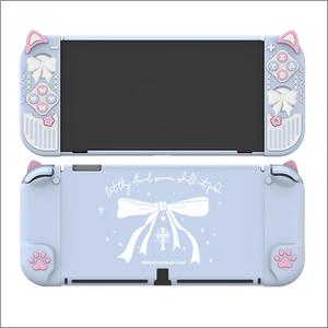 ​​illuscore Cute Cat Ear Case for Switch OLED, Protective Cover with Soft Silicone Grip and Anti-Scratch Matte Hard Back Shell, Includes Adorable Bow Joystick Caps - White &​ Blue​​ (Blue)