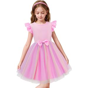 LQSZ Toddler Girls Tutu Dresses Flutter Sleeve Fluffy Party Tulle Dress for Girls 3-12 Years (Pink)