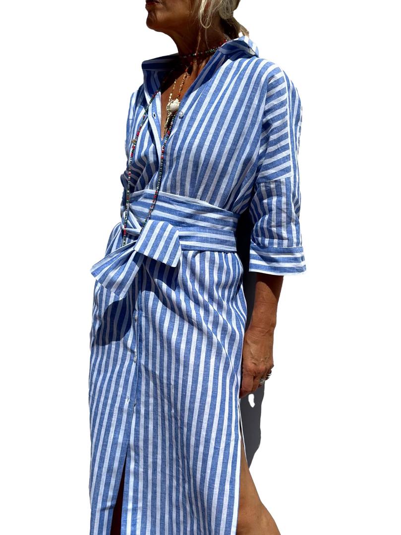 utcoco Womens 2026 Shirt Dress Casual Lapel 3/4 Sleeve Button Down Split Belted Vacation Maxi Dress Large