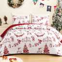 Exclusivo Mezcla Reversible Christmas Quilts Queen Size, Red Bedspread Lightweight Coverlet Winter Quilt Bedding Set with Printed Trees Reindeer Wreaths Pattern (1 Quilt, 2 Pillow Shams)