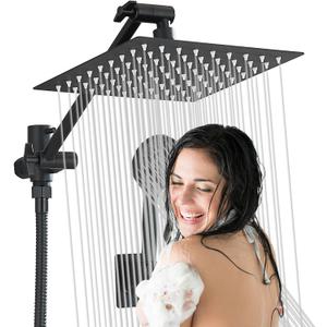 8 inch Rainfall Shower Head Stainless Steel Black, Wide Rain Shower Head with 5 Modes Handheld Water Spray,High Pressure Showerhead with Arm for Bathroom Accessories