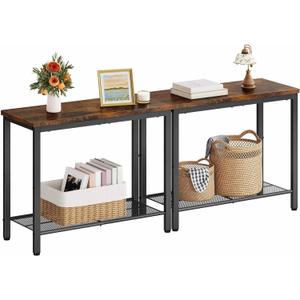 Hoctieon 2 Tier End Table, Sofa Side Table, Narrow Side Table with Storage, Slim Nightstand for Small Spaces, Metal Frame, for Living Room, Bedroom, Sofa Couch, Hall, Rustic Brown, 2 Set
