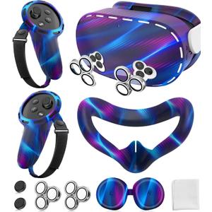 Silicone Cover Set Compatible with Meta/Oculus Quest 3s Accessories, Silicone Face Cover, Controller Grip Cover, Camera Lens Protector, VR Shell Cover, Protective Lens Cover, Not Fit Quest 3 (Aurora Blue)