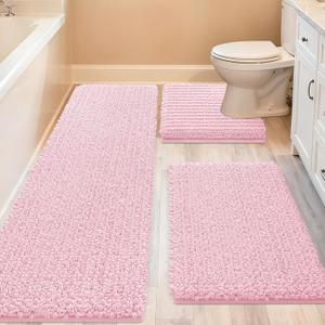 ACCUMTEK Upgrade Extra Large Pink Bathroom Rug Set 3 Pieces Ultra Soft, Thick Absorbent Bath Mats, Non Slip Chenille Toilet Mat for Bathroom, Bedroom, Kitchen (4'1'8"+ 2'x1'5"+ U Shape 1'8"x2')