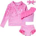 Funnycokid Baby Toddler Girls Swimsuit 4 Piece Bathing Suit Long Sleeve Rash Guard Sets 12 Months - 7 Years (Glitter Print Pink)