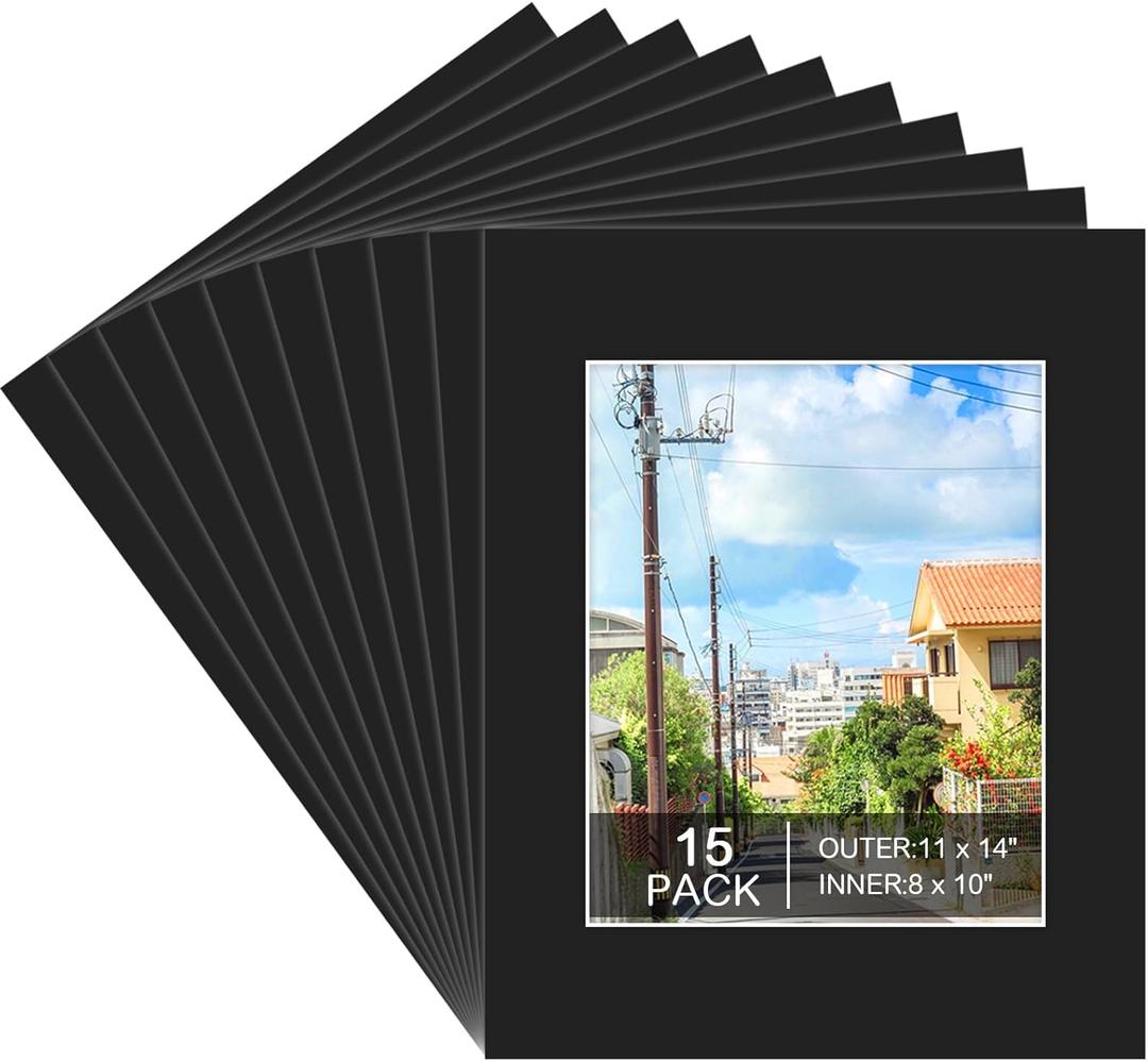 15 Pack 11x14 Black Picture Mats, Frame Mattes for 8 x10 Pictures Display Photo Frame Mat Core Bevel Cut Mat Board Show Kit for Photos, Prints, Artworks