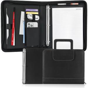 GraduatePro 3 Ring Portfolio Binder with Handles - 1.2 Inch Rings, Faux Leather Padfolio with Zippered, Storage Pouch for Tablet, Mobile Phone Pocket, Travel Documents for Men and Women(Black)
