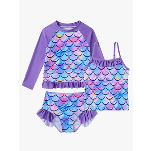 BFUSTYLE Girls Swimsuit 3 Pieces Rash Guard Kids Long Sleeves Bathing Suit 3-8 Years Sun Proction Swimwear Tankini, Purple