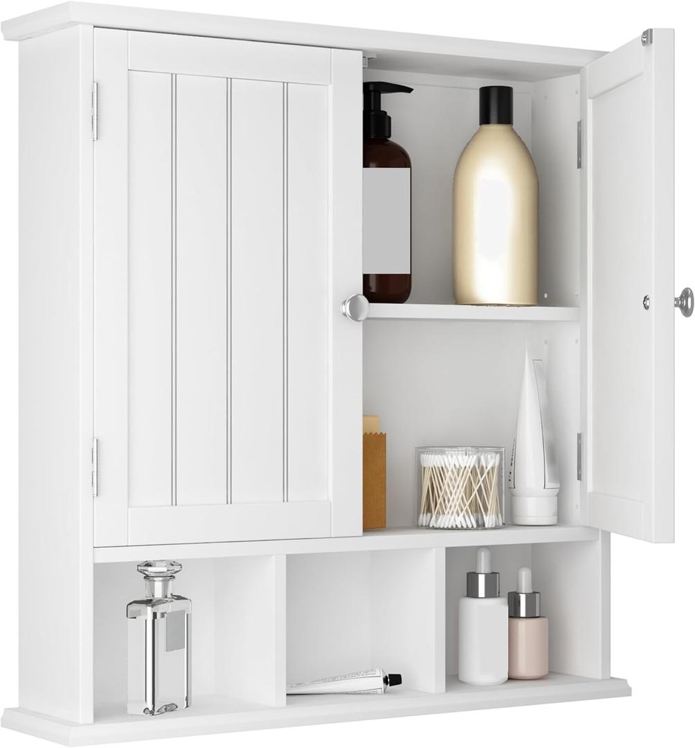 ChooChoo Bathroom Cabinet Wall Mounted 2-Door with 3 Open Shelves, Wooden Medicine Cabinets with Adjustable Shelf, Space Saver Storage Cabinets Over The Toilet for Bathroom&Living Room, White (1 pack)