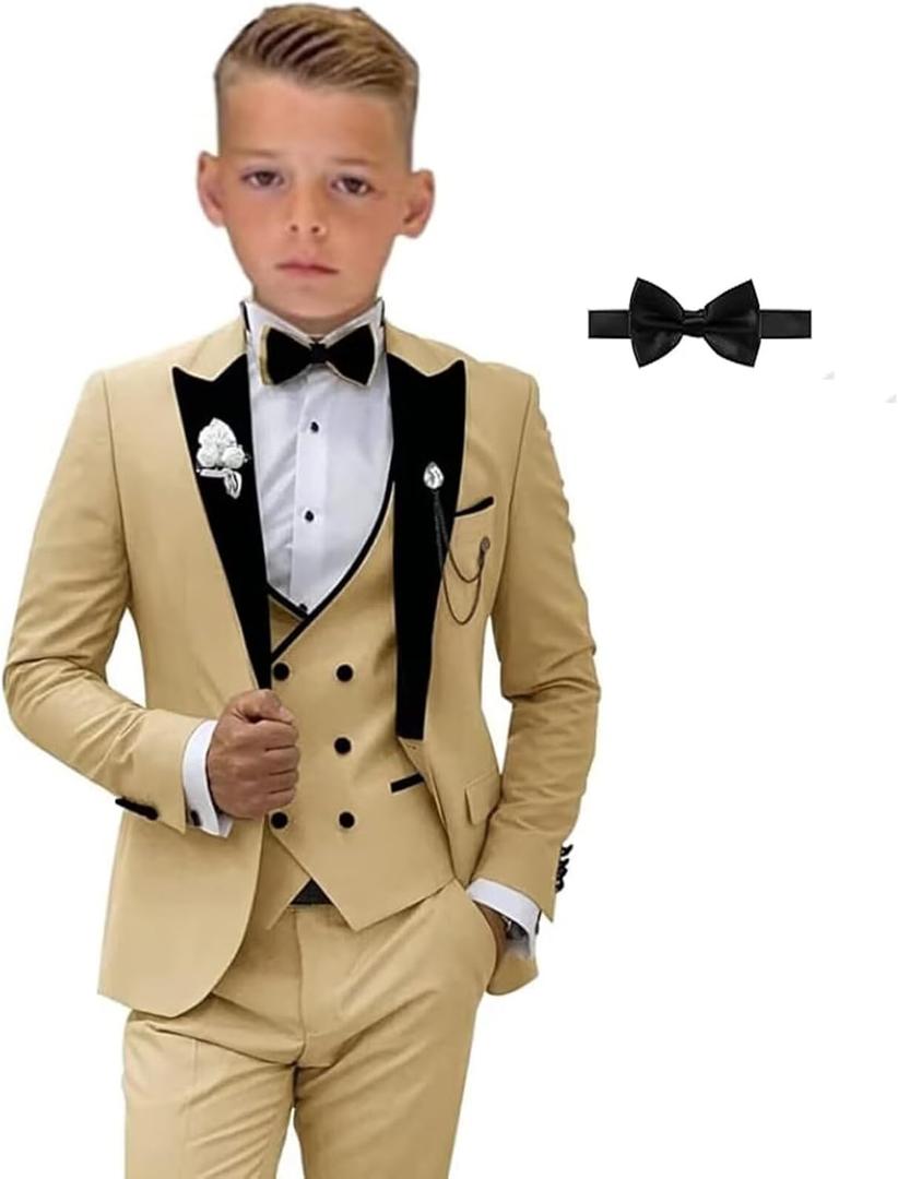 SAROULU Formal Suit for Boys, 3 Pieces Slim Fit Boy Suits for Weddings, Kids Boy's Tuxedo First Class Boy Outfit (4, Champagne)