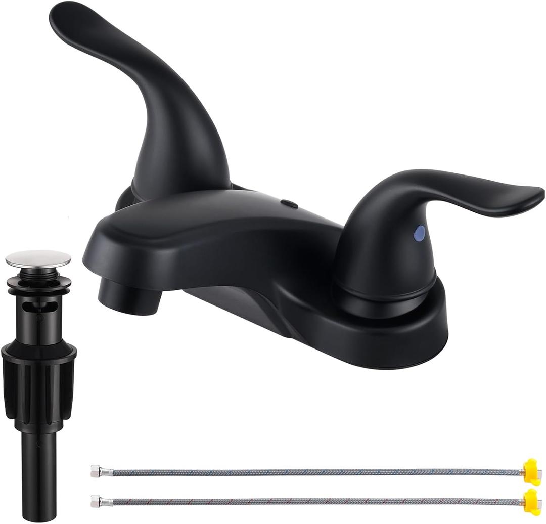 Bathroom Sink Faucets 2/3 Hole,Matte Black Dual Handles 4 inch Plastic Plating Over Bathroom Faucet with Pop-up Drain and 2 Supply Hoses for Apartment Rvs Sink Vanity