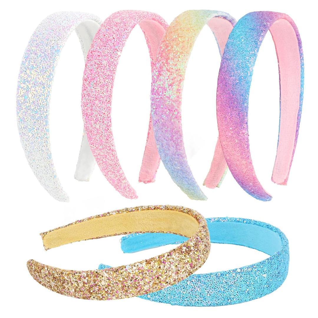 Girls Headbands, 6PCS Headbands for Girls Women Glitter Gold Blue Rainbow White Pink Headband Sparkly Sequin Headband Hair Accessories (Multi-colored-2)