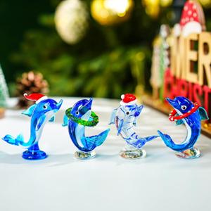 H&D HYALINE & DORA Set of 4 Blown Glass Dolphins Figurines with Hat Christmas Decorative Tiny Glass Animals Collectible Gifts for Christmas Home Fish Tank Decor