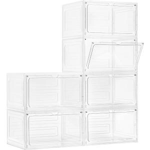 Purse Organizer For Closet 6 Pack Stackable Storage Bins With Lids Clear Plastic Handbag Organizer Purse Storage With Magnetic Door Display Case For Cosmetic Hats, Clear White