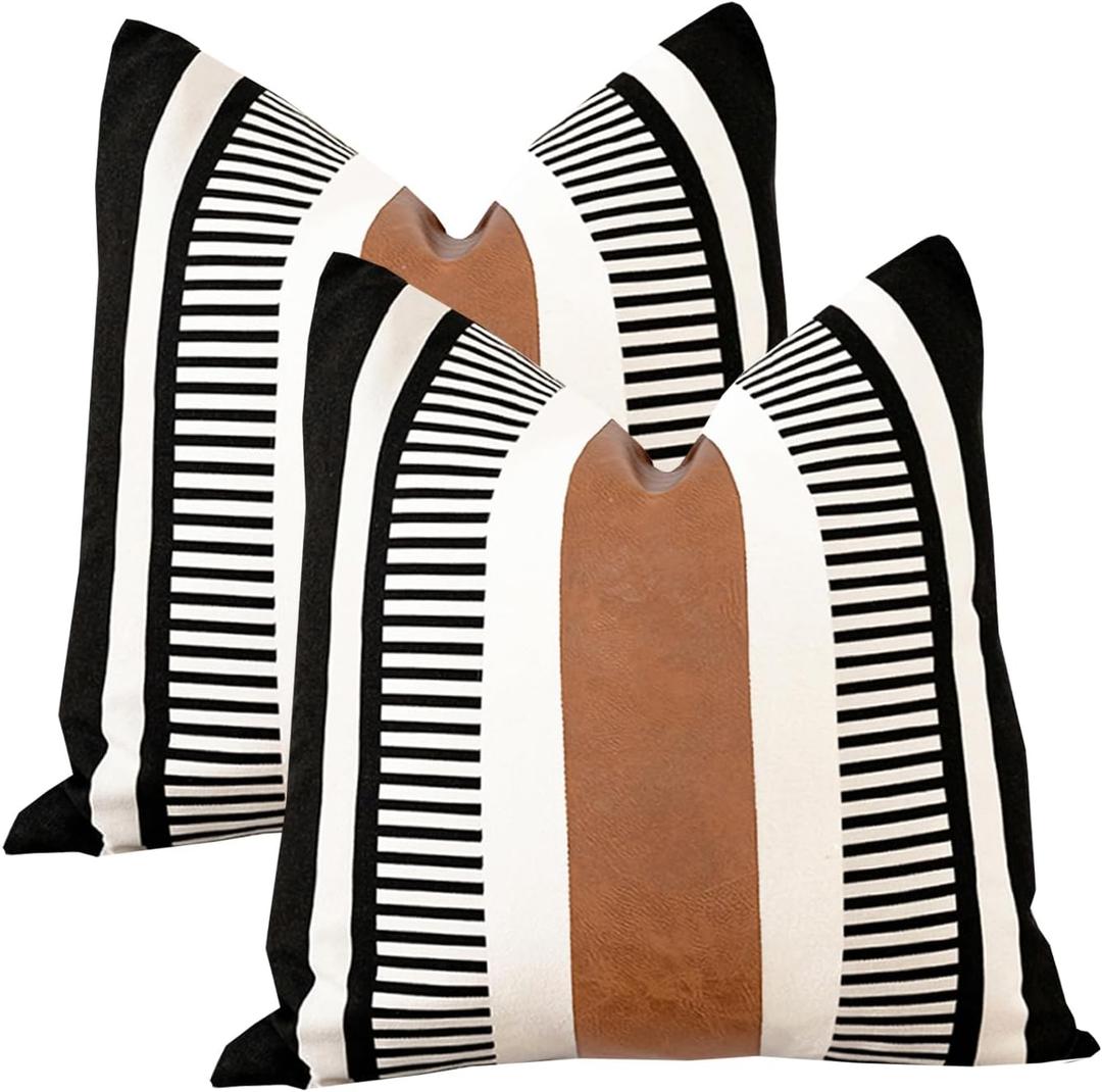Set of 2 Farmhouse Stripe Euro Pillow Covers 26x26 Large Accent Cushion Cover Black and White Faux Leather Decorative Pillowcase for Sofa Couch Chair Bedroom Modern Decor