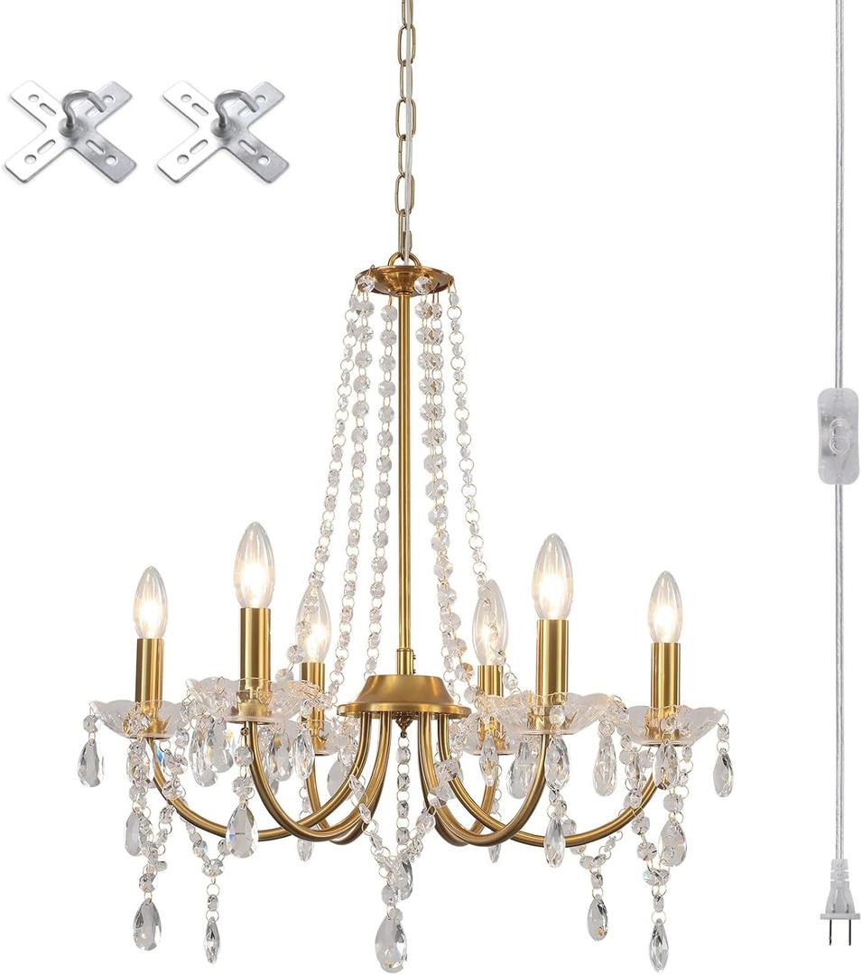 MEIJIA Plug in Crystal Gold Chandeliers Lighting Fixture 6 Light Modern Crystal Chandelier with 15.75feets Plug in Cord Gold Mini Plug in Chandelier for Dining Room Bedroom Entryway Bathroom Closet