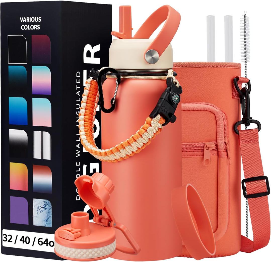 32 oz Sports Water Bottle Insulated - w/Paracord Handle, Straw & Spout Lids, Protective Boot, Sweat Proof Hydro Metal Water Flask Keeps Cold-48H Hot-24H, Travel Thermo Mug for Sports Hiking (Coral Orange)