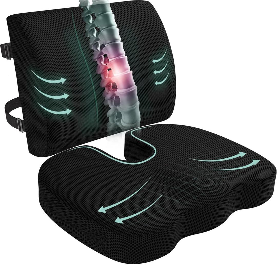 Seat Cushion and Lumbar Support Pillow for Office Chair, Wheelchair, Memory Foam Coccyx Cushion for Sciatica Tailbone Pain Relief, Back Support for Car Chairs, Desk Chair