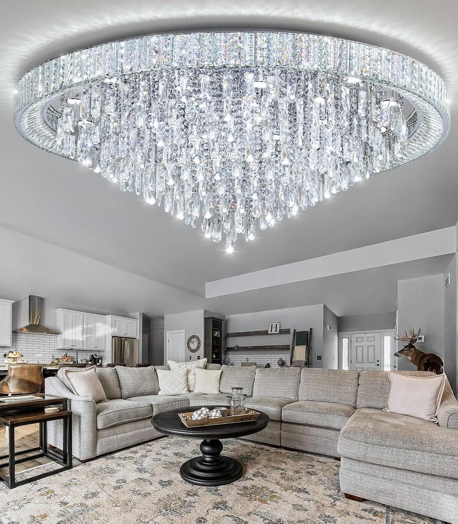 53.7'' Modern Chandeliers LED Dimmable Crystal Flush Mount Ceiling Chandeliers for Living Room High Ceiling Entrance Foyer Lobby Bedroom Silver