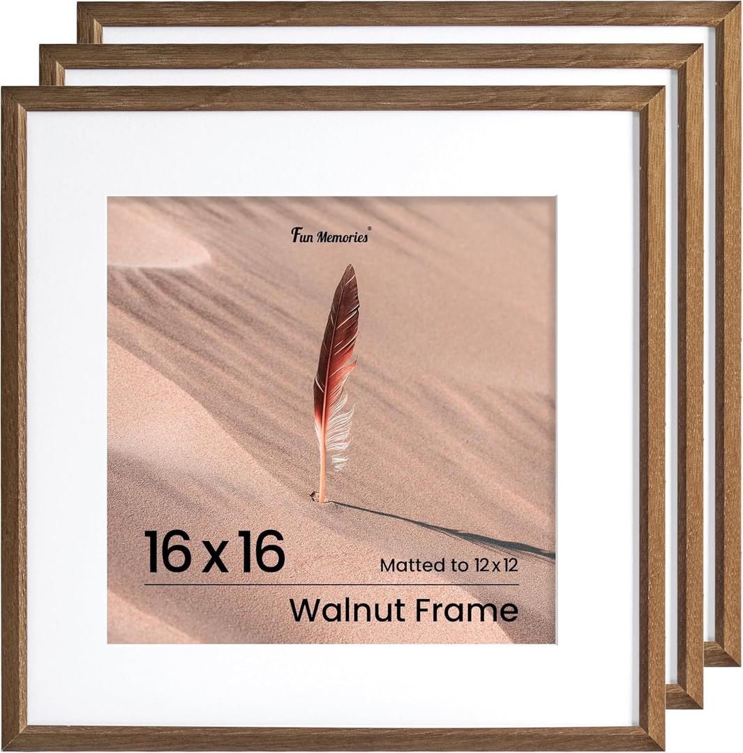 Fun Memories 16x16 Oak Picture Frame, 16x16 Matted Frame For 12x12 Picture, Square Wood Frame for Vertical and Horizontal Display on Wall and Table (Walnut, 3 Pack)