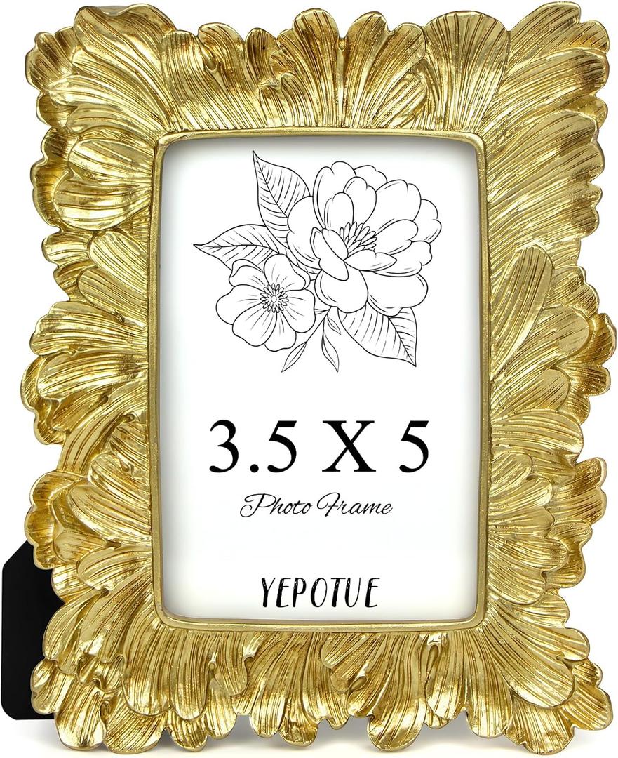 3.5x5 Vintage Picture Frame Gold, Ornate Leaves Photo Frame with Glass Front, Elegant Picture Frame for Wall or Tabletop Display, Gift ldeas for Home Decor