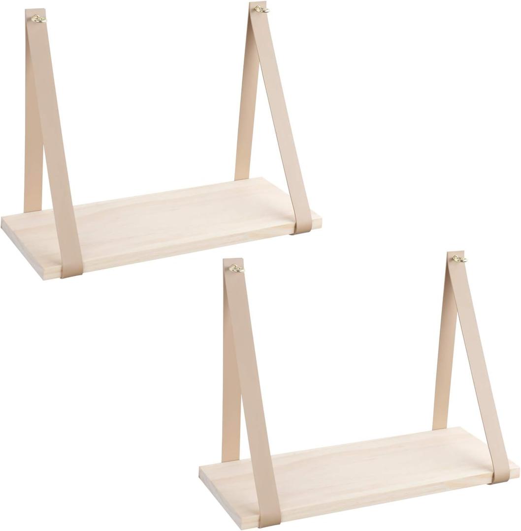Leather Strap Wood Floating Wall Shelf Wooden Shleves Wall Organizer Wall Mount Shelf Home Decor Kitchen Living Room BedroomBeige Set of 2