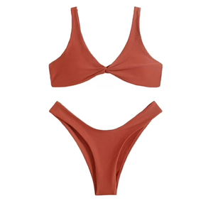 Bikini Sets for Women Plain Swimsuit V neck Rust Brown, Size S