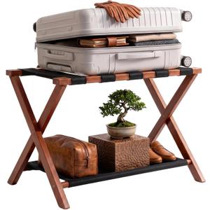 Luggage Rack, Fully Assembled Bamboo Foldable Suitcase Stand for Guest Room, 26.7-Inch Luggage Holder with Storage Shelf & 5 Nylon Straps, for Bedroom and Hote (1 Pack - Brown)