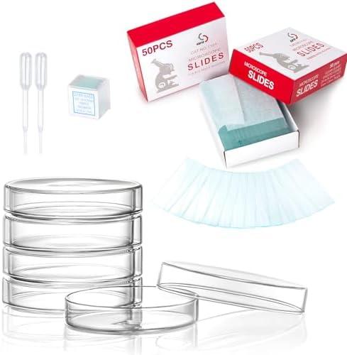 Sterile Plastic Petri Dishes Set, 50 Pcs Blank Microscope Slides, 100 Pcs 20x20mm Square Cover Glass, 5 Pcs 90mm Diax15mm Deep Lab Petri Plate Dish with Lid and 10 Test Pipette Droppers