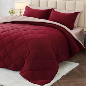 MUXHOMO 7 Pieces Full Comforter Set, Reversible Bed in a Bag Full Size, All Season Bedding Set with Comforter, Flat Sheet, Fitted Sheet, Pillowcases & Shams, Burgundy & Rose Gold