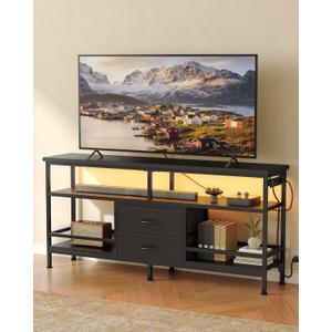 Lazzanto 55 Inch TV Stand, Entertainment Center for 43 to 65 Inch TVs with LED Lights & Removable Charging Station, Modern Media Console Table with Open Storage Shelves & Fabric Drawers, Black