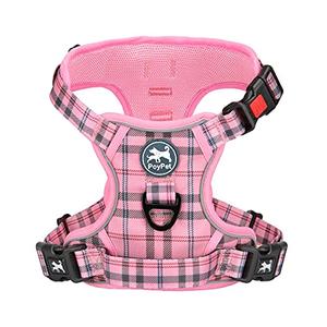 PoyPet No Pull Dog Harness, Reflective Adjustable No Choke Pet Vest with Front & Back 2 Leash Attachments, Soft Control Training Handle for Large Dogs(Checkered Pink, L)