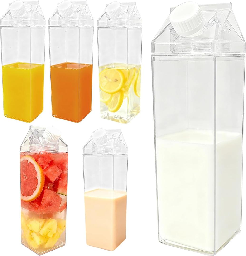 6 Pack 17 oz Milk Carton Water Bottles, Reusable Clear Plastic Square Milk Box Drink Storage Container, Leakproof Portable Juice Tea Jug Drinkware for Outdoor Sports Travel Camping Activities
